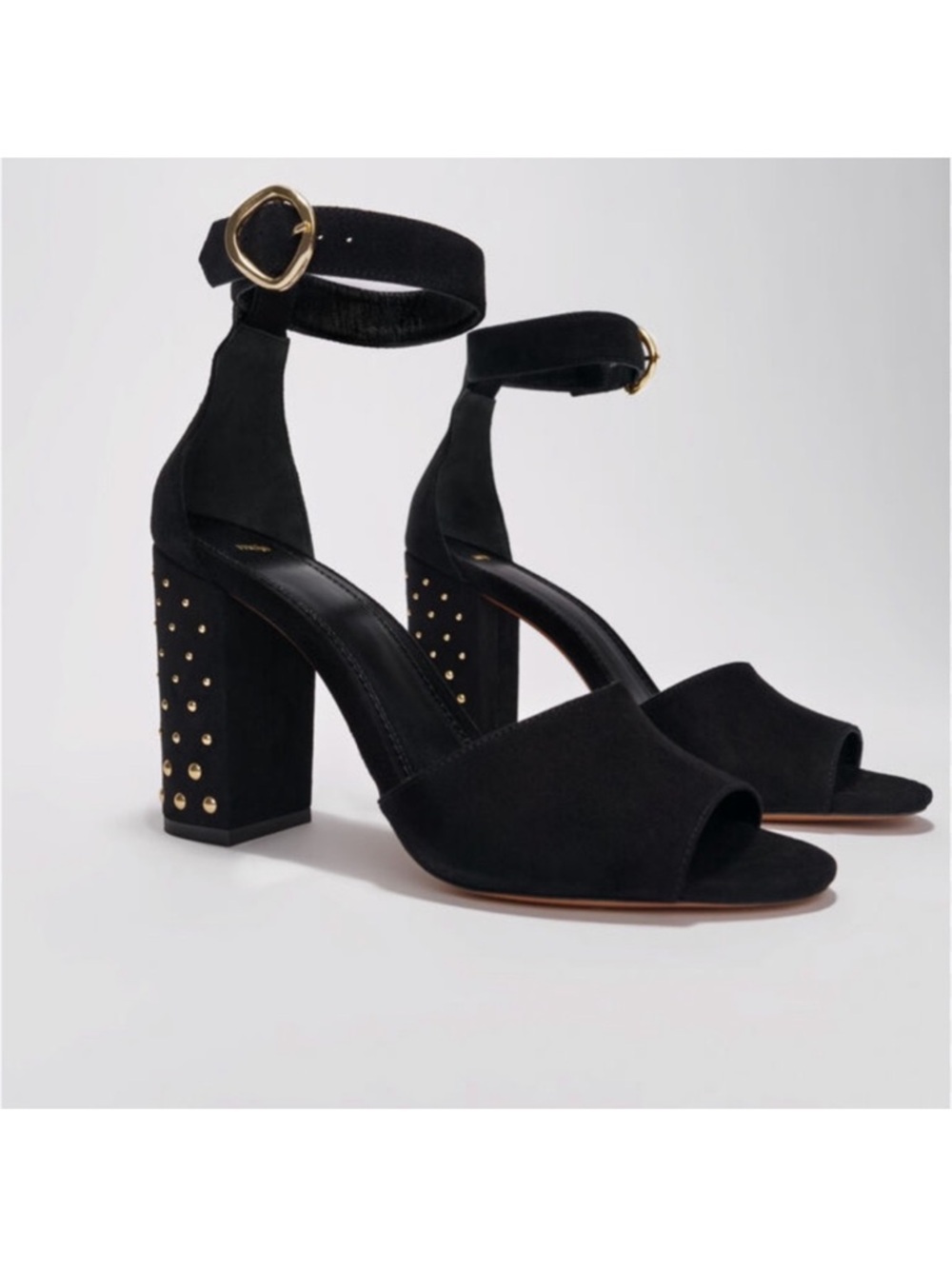 New! MAJE Paris Studded Embellished Block Square Heel Suede Sandals - Picture 3 of 11